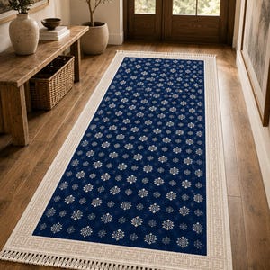 Alfombra de pasillo azul marino de lujo, alfombra de pasillo estilo Bokhara, alfombra vintage con aspecto artesanal, alfombra de entrada, decoración del hogar a medida.
