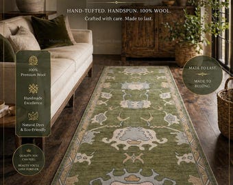 Hand-Knotted Oushak Runner Rug, Traditional Wool Hallway Entryway Carpet