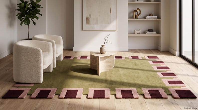 Pu&ograve; includere: Un tappeto rettangolare con un campo centrale verde oliva a tinta unita, circondato da un bordo di quadrati alternati rosa chiaro e bordeaux scuro che si estendono leggermente oltre il bordo principale, creando una cornice geometrica.