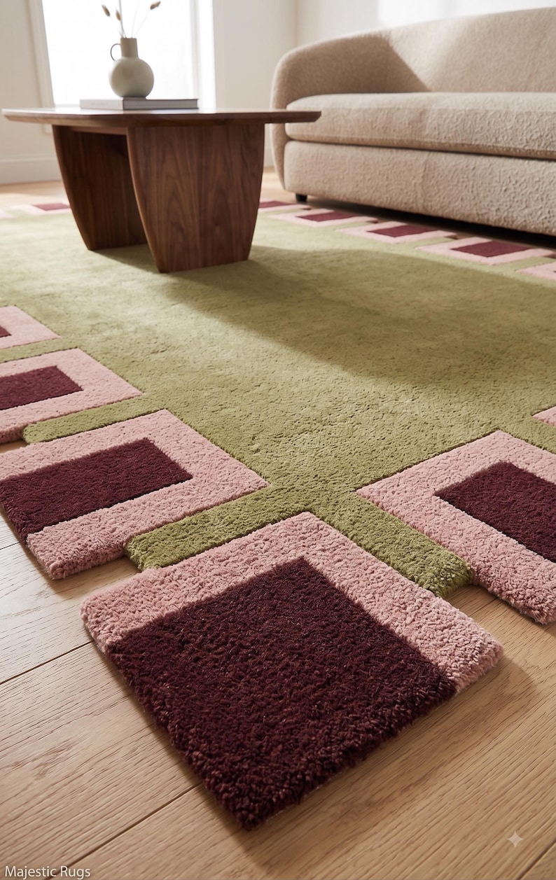 Pu&ograve; includere: Un tappeto rettangolare caratterizzato da un campo centrale verde oliva testurizzato, bordato da un motivo geometrico di quadrati alternati rosa chiaro e bordeaux scuro. Il tappeto presenta una struttura a pelo spesso e denso.