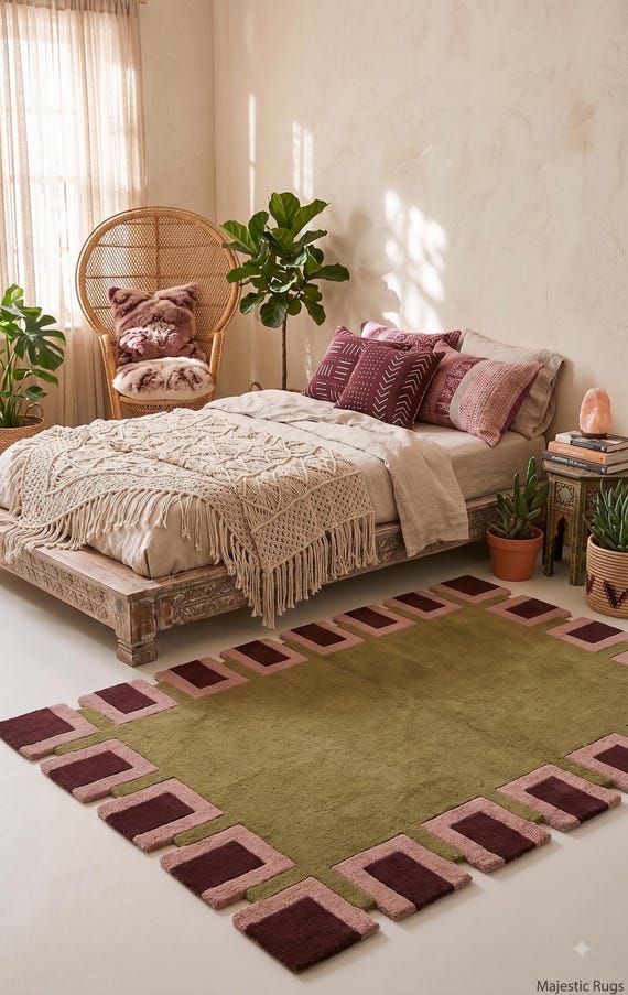 Modern Geometric Wool Rug, Hand Tufted Area Rug, Abstract Olive Green Pink Burgundy Carpet, Contemporary Statement Rug, Unique Home Decor