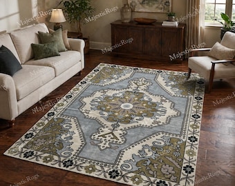 Hand Knotted Oushak Rug, Blue Ivory Wool Area Rug, Vintage Turkish Style Carpet, Floral Medallion Rug, Living Room Rug, Custom Size Rug