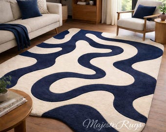 Hand Tufted Navy Blue Cream Abstract Rug, Modern Organic Shape Area Rug, Plush Wool Carpet, Custom Size Living Room Rug, Luxury Handmade Rug