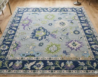 Blue Floral Wool Area Rug, Hand Tufted Rug, Vintage Style Carpet, Living Room Rug, Bedroom Rug, Handmade Indian Rug, Botanical Home Decor