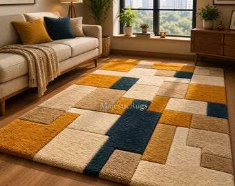 Modern Geometric Area Rug,  8x10 9x12 feet Mustard Yellow Cream Blue Rug, Plush Contemporary Carpet, Scandinavian Living Room Rug