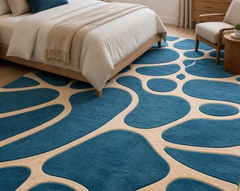 Blue Abstract Rug | Organic Shape Wool Area Rug | Modern Bedroom Rug | Teal Cream Wavy Blob Pattern Rug | Boho Living Room Rug