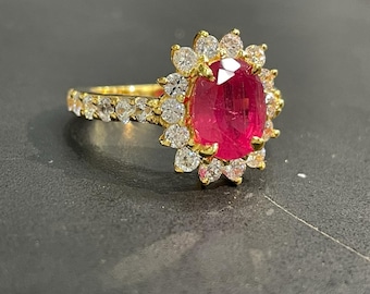 Oval Ruby Halo Ring: Sterling Silver Art Deco Ring