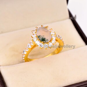 Handmade Moss Agate Ring: 925 Sterling Silver Art Deco Stackable Ring