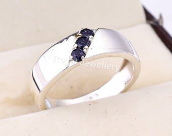 Blue Sandstone Ring: 925 Sterling Silver Band, Art Deco Style