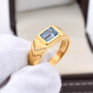 London Blue Topaz Ring: Handmade Sterling Silver Art Deco Mens Ring