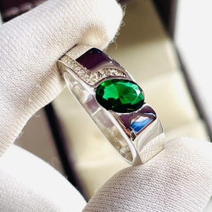 Oval Emerald Ring: Handmade Sterling Silver Art Deco Engagement Ring