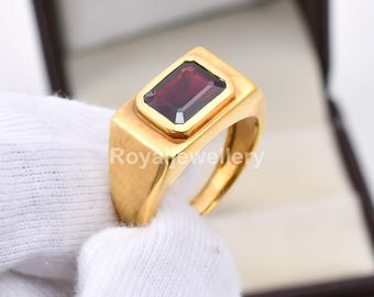 Emerald Cut Garnet Ring: Art Deco Sterling Silver Men's Jewelry