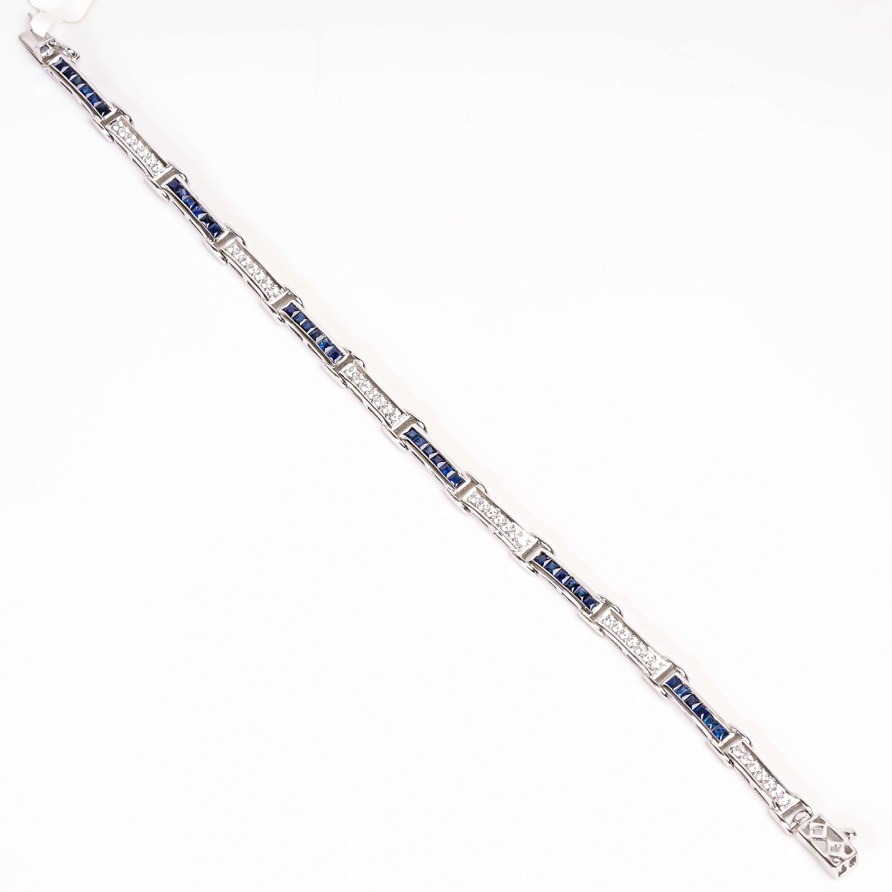 Bracciale Tennis Con Zaffiro Blu Naturale E Diamanti 8,10 Carati In Oro Giallo 14k