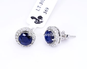 Pendientes con halo de zafiro azul: joyería Art Déco de plata de ley