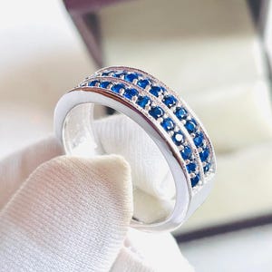 Double Row Blue Stone Silver Band Ring | 100% Lab Grown Sapphire Wedding Band | Elegant Stacking Ring | Handmade Mens Jewelry | Gift For Men