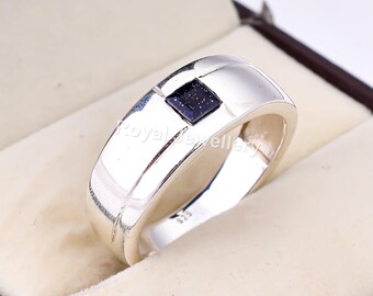 Blue Sandstone Sterling Silver Men's Ring, Handmade Art Deco Jewelry