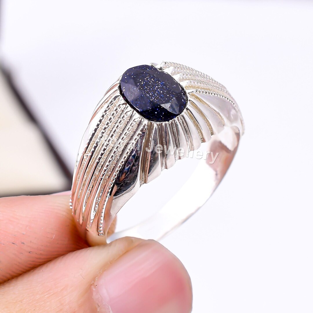 Handmade Blue Sandstone Ring: 925 Sterling Silver, Art Deco Solitaire ...