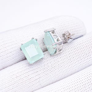 Aqua Chalcedony Sterling Silver Stud Earrings: Handmade Art Deco Gemstone