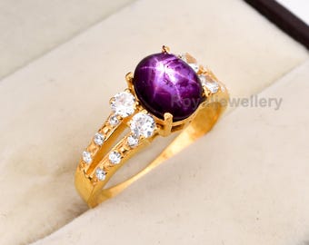 Bague en argent sterling faite main avec rubis étoilé : pierre précieuse Art déco