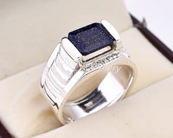 Blue Sandstone Promise Ring: Handmade Sterling Silver Mens Jewelry