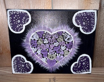Handmade Paper Quilling Heart Canvas Art | Mixed Media Purple Grey White Home Decor (8x10)