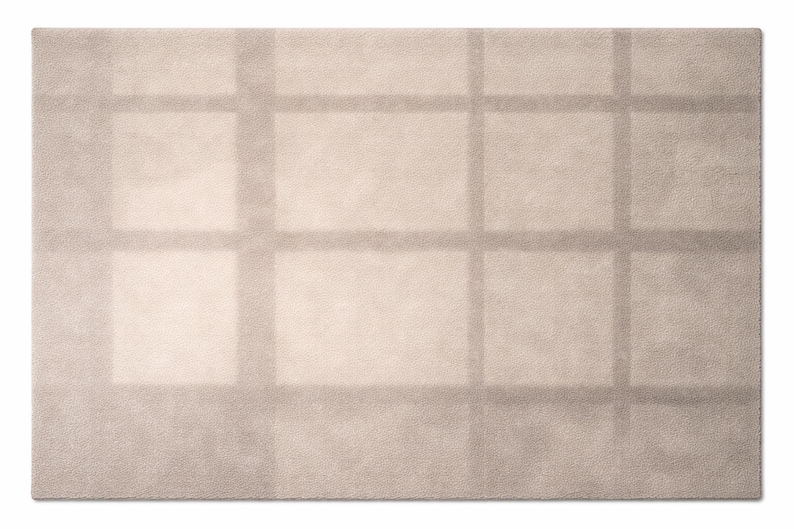 K&ouml;nnte beinhalten: Ein rechteckiger, beigefarbener Teppich mit einem Rastermuster. Das Raster wird durch dunklere beige Linien gebildet, wodurch ein subtiles geometrisches Design entsteht. Der Teppich hat ein weiches, pl&uuml;schiges Aussehen, geeignet f&uuml;r die Inneneinrichtung.