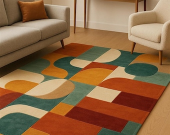 Modern matta i mitten av århundradet | Geometrisk boho-matta | Blågrön vardagsrumsmatta | Abstrakt färgblocksmatta