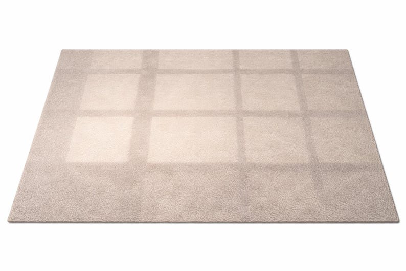 K&ouml;nnte beinhalten: Ein rechteckiger beigefarbener Teppich mit einem Gittermuster. Der Teppich hat eine weiche, pl&uuml;schige Textur und eine neutrale Farbpalette, wodurch er f&uuml;r verschiedene Einrichtungsstile geeignet ist. Das Gitterdesign sorgt f&uuml;r visuelles Interesse.