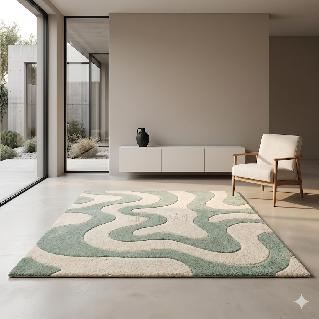 Hand Tufted Sage Green Cream Wavy Area Rug | Abstract Swirl Organic ...