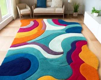 Modern Abstract Multicolor Hand-Tufted Rug – Wave Pattern Living Room Carpet, Soft Designer Floor Decor