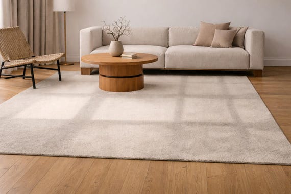 Modern Minimalist Wool Rug – Neutral Grid Area Carpet for Contemporary & Japandi Interiors
