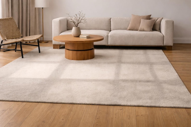 K&ouml;nnte beinhalten: Ein rechteckiger Teppich in neutralem Farbton dominiert den Vordergrund und erg&auml;nzt das hellfarbige Sofa und den Holztisch. Ein Korbstuhl und eine Stehlampe erg&auml;nzen die Einrichtung. Der Teppich misst etwa 244 x 305 cm.