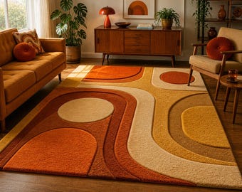 Hand Tufted Burnt Orange Mustard Cream Retro Circle Area Rug | 70s Abstract Orb Carpet | Mid Century Modern Living Room Boho Floor Rug