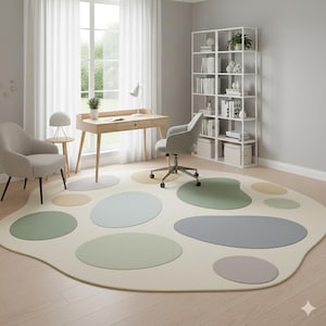 Hand Tufted Cream Pebble Polka Dot Area Rug | Pastel Sage Blue Grey Circle Carpet | Irregular Shape Living Room Nursery Floor Rug Decor