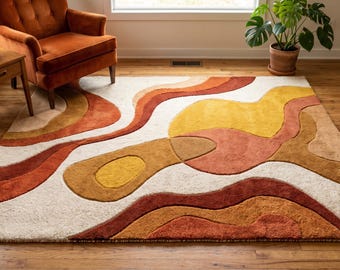 Abstract Wavy Area Rug | Retro Earth Tone Swirl Carpet, Mid Century Modern Boho Decor