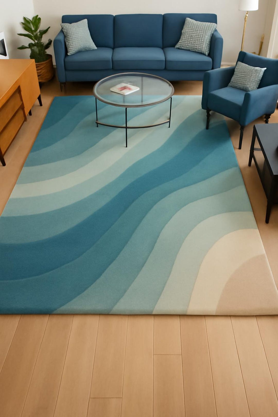 Wool Wave Rug Hand-tufted Wool Wave Rug: Teal, Aqua, Beige Abstract Design - Etsy
