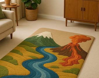 Hand Tufted Wool Landscape Rug – 3D Mountain, River & Volcano