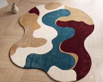 Tappeto dalle forme organiche, tappeto astratto irregolare, moderno tappeto trapuntato color verde acqua, bordeaux e beige, tappeto esteticamente originale per soggiorno, tappetino personalizzato