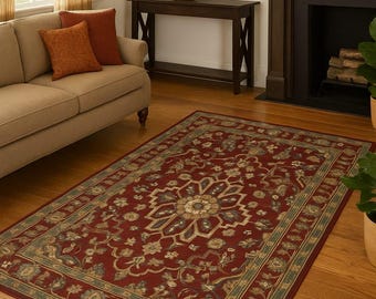 Elegant Traditional Persian-Style Hand-Tufted Wool Rug – Red Floral Medallion Design.