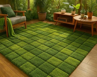 Hand Tufted Moss Green Rug, High Low Wool Checkerboard Carpet, Modern Organic Area Rug, Custom Size