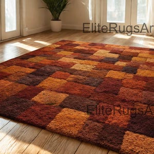 Handgefertigter Teppich Shaggy Teppich |Erdige Töne Patchwork Block-Muster |Burnt Orange Burgund Braun Boho Wohnzimmer Teppich |Spezialanfertigung möglich