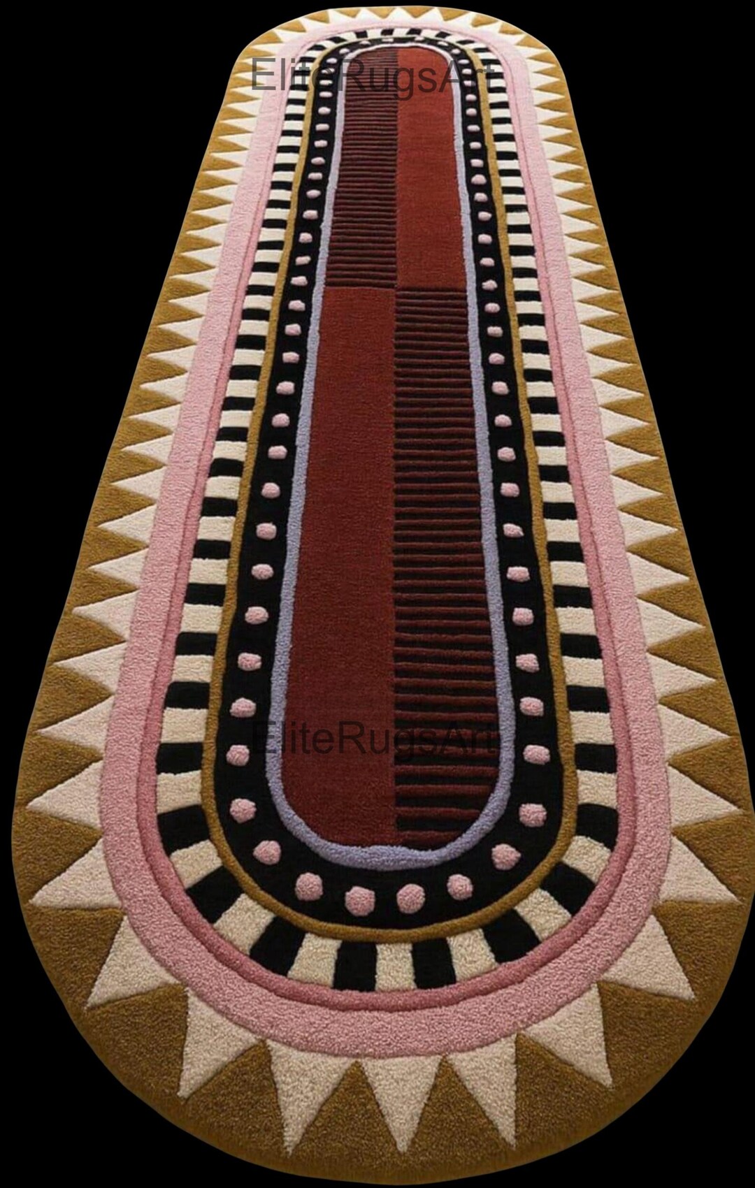 Earthy Fun Runner Rug Handtufted Oval Runner Rug With Geometric Aztec Border and Striped ...