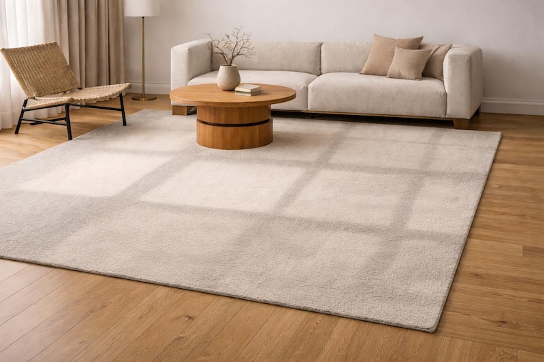 K&ouml;nnte beinhalten: Ein gro&szlig;er, neutralfarbener Teppich mit einem dezenten Gittermuster dominiert den Vordergrund. Ein helles Sofa mit Wurfkissen, ein Holztisch und ein Korbstuhl sind in einem gut beleuchteten Wohnzimmer angeordnet. Der Teppich verleiht dem Raum W&auml;rme und Textur.