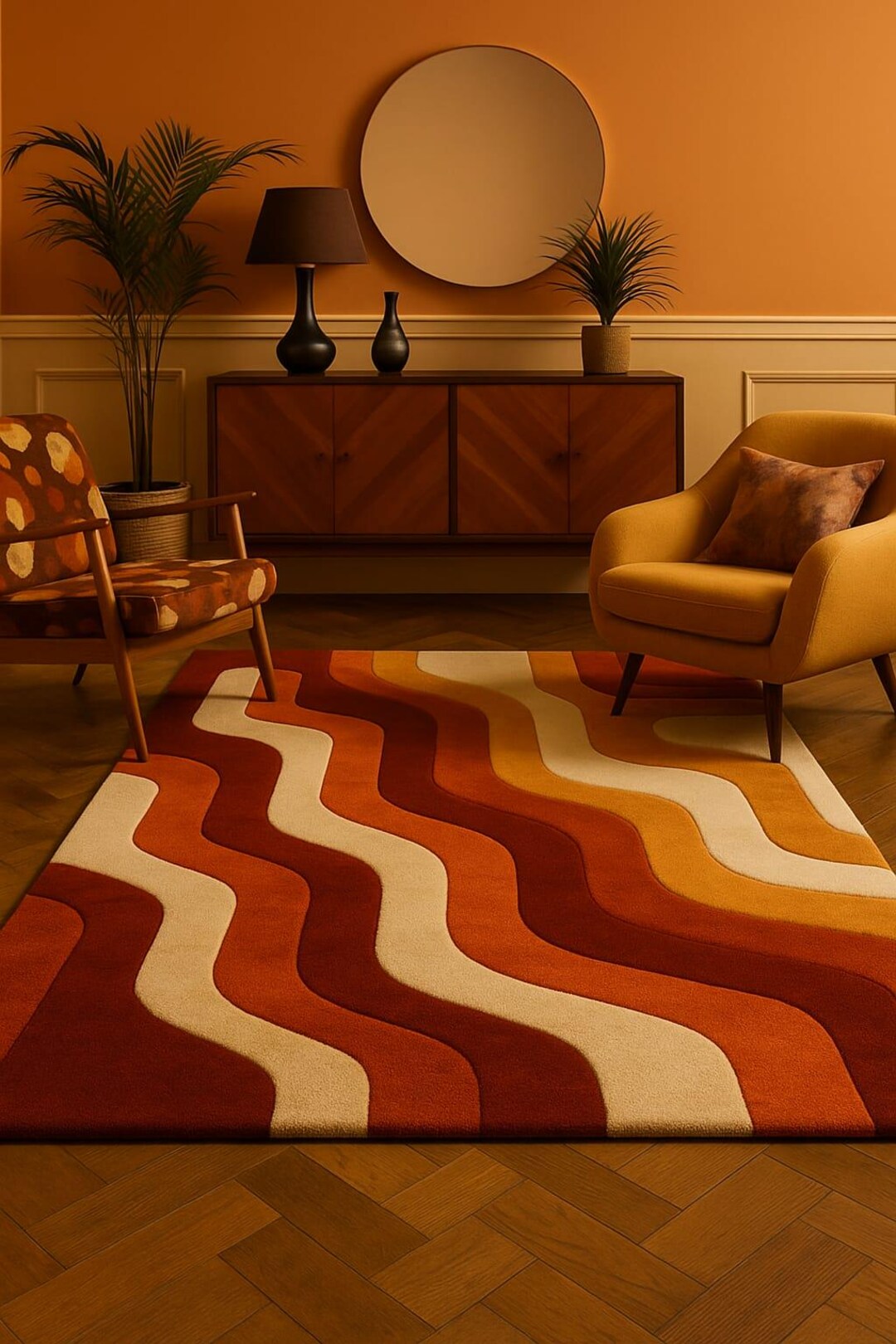 70s Rug Patterns Hand Tufted Retro Wool Rug – 70s Style Groovy Wave Carpet - Etsy