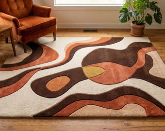 Abstract Wavy Area Rug | Retro Earth Tone Swirl Carpet, Mid Century Modern Boho Decor