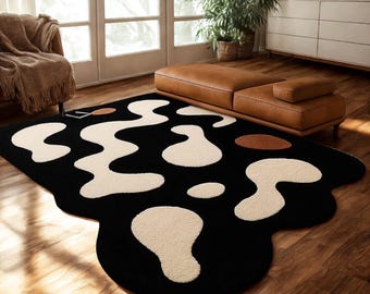 Abstrakt Blob-matta | Handtuftad elfenbensfärgad krämfärgad matta | Vågig oregelbunden matta