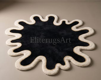 Schwarzer Cremefarbener gewellter Teppich | Unregelmäßiger Kringel Teppich | Abstrakter Boho Wohnzimmer Teppich | Einzigartige skulpturale Bodendekoration