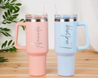 Spersonalizowany kubek termiczny o pojemności 40 uncji – grawerowany kubek podróżny ze stali nierdzewnej z uchwytem (styl Stanley)