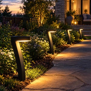 May include: A series of black, L-shaped solar path lights installed along a stone walkway. Each fixture features a downward-facing LED light source that illuminates the surrounding garden foliage and the edge of the path with a warm glow.