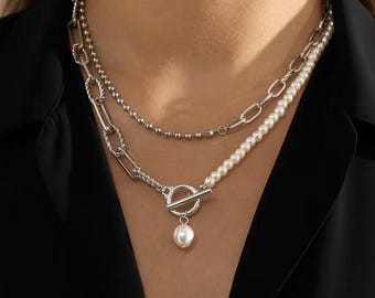 Long Pearl Beaded Layering Necklace, Minimalist Chain Jewelry for Women Long Fashion Chain for Daily Wear Fashion